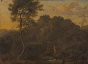 Nymphe und Hirte machen Musik in einer Landschaft