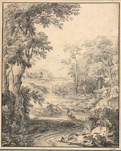 Flusslandschaft mit zwei Figuren im Vordergrund, Burg in der Ferne von Abraham Genoels II