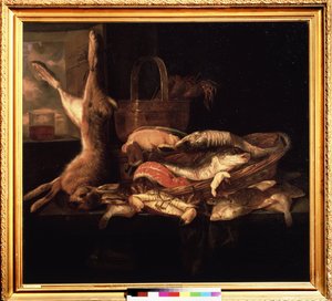 Stillleben mit Fischen und einem toten Hasen