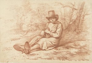 Sitzender Junge mit Hut und Stock bei einem Baum von Abraham Johannes Ruytenschildt