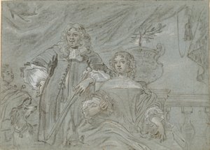 Gruppe einer sitzenden Dame und eines stehenden Herrn, Kniefiguren. Im Hintergrund ein schwarzer Afrikaner und ein Hund, rechts eine Balustrade von Abraham Lambertsz. van den Tempel