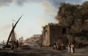 Hafenansicht mit Händlern und Seeleuten, die Musik spielen