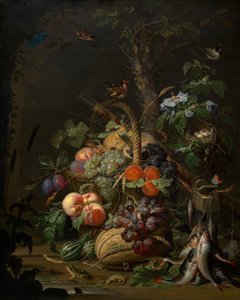 Stillleben mit Obst, Fisch und einem Nest