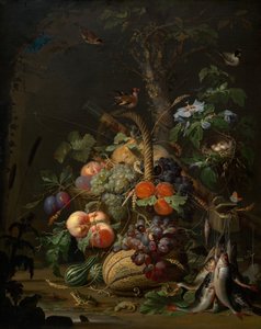 Stillleben mit Obst, Fisch und einem Nest, ca. 1675