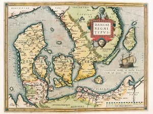 Daniae regni Typus Geographiekarte des Territoriums von Dänemark und Südschweden aus „Theatrum Orbis Terrarum“ von Abraham Ortelius von Abraham Ortelius