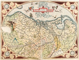 Descriptio Germaniae Inferioris Geographische Karte des Gebiets der Niederländischen Germanen aus „Theatrum Orbis Terrarum“ von Abraham Ortelius