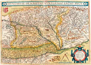 Hungarian Descriptio, Wolfgango Lazio Auct. Geographiekarte des Territoriums von Ungarn aus „Theatrum Orbis Terrarum“ von Abraham Ortelius