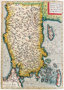 Natoliae, Quae Olim Asia Minor Nova Descriptio Geographische Karte des Territoriums von Kleinasien (Istanbul und Türkei mit den Inseln Rhodos und Zypern) aus „Theatrum Orbis Terrarum“ von Abraham Ortelius (Oertel, Ortell oder Ortel)