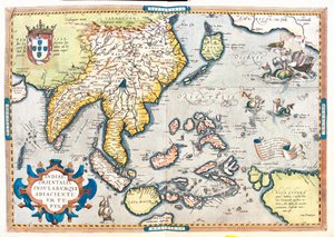 Pakistan, Indien, Sri Lanka, Nepal, Bhutan, Bangladesch, Südchina, Burma, Thailand, Laos, Vietnam, Kambodscha, Malaysia, Brunei, Indonesien, Die Philippinen, Taiwan, Südjapan von Abraham Ortelius