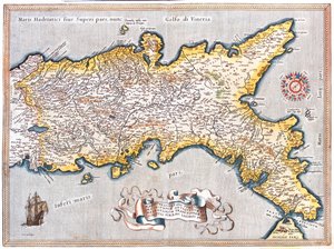 Süd-Latium, Süd-Marken, Abruzzen, Molise, Kampanien, Apulien, Basilikata, Kalabrien, Italien von Abraham Ortelius