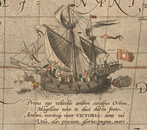 Die Victoria, eine spanische Karacke, Schiff der Armada de Molucca von Ferdinand Magellan. Aus Maris Pacific von Abraham Ortelius