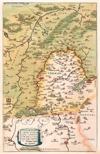 Veromanuorum Eorum que Confinium Accurssima Descript. Geographische Karte des Gebiets von Vermandois und Picardie in Gallien (Frankreich) aus „Theatrum Orbis Terrarum“ von Abraham Ortelius (Oertel, Ortell oder Ortel) von Abraham Ortelius