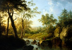 Eine bewaldete Landschaft mit einem Wasserfall