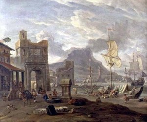 See Hafen mit großen und kleinen Schiffen