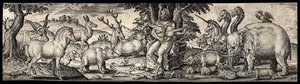 Orpheus sitzt auf einem Stein, hält ein Saiteninstrument und bezaubert die Tiere mit Musik. Gravur von A. de Bruyn. von Abraham de Bruyn