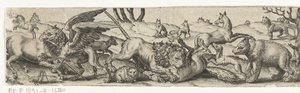 Kämpfende Tiere in einer Landschaft von Abraham de Bruyn
