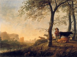 Abendliche Flusslandschaft mit einem Kuhhirten und Kühen am Waldrand, eine Brücke und Ruinen im Hintergrund
