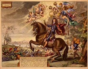 Charles II mit einer Widmung auf Französisch, mit der alten London Bridge im Hintergrund, aus The Method and New Invention of Dressing Horses von William Cavendish, veröffentlicht 1737 (2. Auflage)