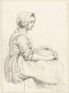 Sitzende Frau mit einer Schüssel auf ihrem Schoß, nach rechts von Abraham van Strij (I)