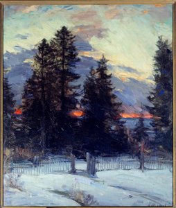 Sonnenuntergang in Winterlandschaft. Gemälde von Abram Arkhipov (1862-1930)