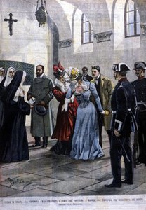 A Madrid, une jeune femme, Mademoiselle Ubao, est arrachée à la vie de religieuse dans un couvent où elle se trouvait par suggestion des Jesuites. Illustration von Beltrame. La Domenica del corriere. 1901