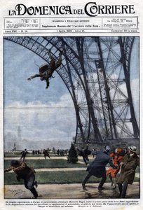 Ein tragisches Erlebnis: Amateur-Fallschirmspringer Marcel Haget, Illustration von Beltrame, La Domenica del Corriere, 01