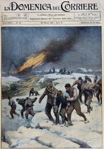 Nach der Explosion des Walfängers „Viking“, der tragische Marsch der Besatzung auf der Suche nach Rettung: Dieses Boot (im Hintergrund in Flammen) trug eine Filmexpedition - gezeichnet von A. Beltrame in „la Domenica del Corriere“ vom 29.03.1931 von Achille Beltrame