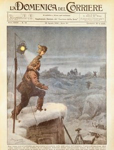 Amerikanischer Entdecker Richard E. Byrd, der nach fünf Monaten allein in der Antarktis von Gefährten begleitet wird, von Achille Beltrame, Illustration, Illustrator Achille Beltrame (1871-1945), aus La Domenica del Corriere, 26. August 1934 von Achille Beltrame