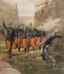 Tod des Anarchisten Francesco Ferrer durch Erschießungskommando im Gefängnis von Barcelona, von Achille Beltrame, Illustration, aus La Domenica del Corriere, Oktober 1909