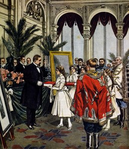 Jahrestag des Autors von Quo Vadis?, Geschenkübergabe an Sinkievicz in Warschau, Illustration von Achille Beltrame, La Domenica del Corriere, Nr. 3, 20. Januar von Achille Beltrame