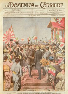 Arturo Ferrarin, Langstreckenflieger, wird in Tokio als erster Ankömmling auf der Route Rom-Tokio begrüßt, Illustration von Achille Beltrame