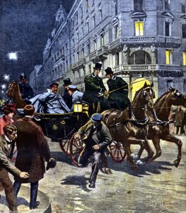 Attentat auf den deutschen Kaiser Wilhelm II. während seiner Kutschfahrt zum Bahnhof von Bremen am Abend des 6. März 1901 (Illustration von Beltrame, La Domenica del Corriere, 17. Juni 1901) von Achille Beltrame