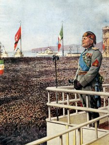 Benito Mussolini. Italienischer faschistischer Politiker, Italiens Duce (1925-1943). Der Duce spricht zu den Menschen von Triest und der Welt (September 1938). Illustration von Achille Beltrame für „Domenica del Corriere“ von Achille Beltrame