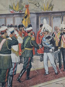 Viktor Emanuel III. König von Italien (1900-1946); Nikolaus II. Zar von Russland (1894-1917). Russland. Der Zar empfängt König Viktor Emanuel III. von Italien in Peterhof. Illustration von A. Beltrame. La Domenica del Corriere