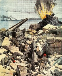 Schlacht von Dardanellen, anglo-französische Flotte zerstört Dardanellen-Forts, um die Meerenge zu durchbrechen und nach Konstantinopel zu gelangen, Illustration aus La Domenica del Corriere, 14.-21. März von Achille Beltrame