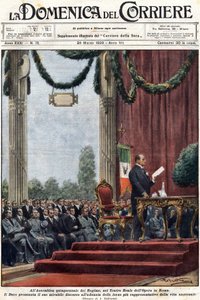 Benito Mussolini hält seine Rede im Teatro Reale der Oper in Rom vor den Führern des Regimes (Illustration von Achilles Beltrame, „Domenica del Corriere“ vom 24. März 1929)