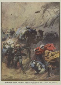Militärkarawanen auf dem Weg von Tripolis zu den Forts, die Vorräte transportieren, vom schrecklichen Ghibli-Sturm getroffen