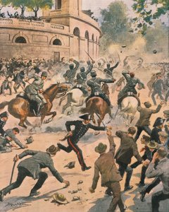 Zusammenstöße vor der Arena während des Generalstreiks in Mailand, Illustration von Achille Beltrame aus La Domenica del Corriere, Juni 1914