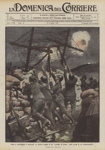 Wie die Stellungen gesichert werden, das Aufstellen eines Spanischen Reiters am Rand eines Laufgrabens von Achille Beltrame