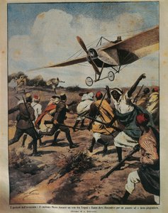 Titelillustration von Captain Moizo bei einem Absturzversuch während der Afrikakampagne, von Achille Beltrame (1871-1945), aus La Domenica del Corriere, 22. September 1912