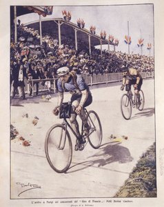 Titelbild der Ankunft der Tour de France-Fahrer, mit Petit-Breton als Sieger; Paris, Frankreich von Achille Beltrame