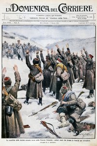 Niederlage der zehnten russischen Armee in Ostpreußen: Russische Soldaten heben die Arme zur Kapitulation, Tafel von Achille Beltrame (1871-1945) aus La Domenica del Corriere, 28. Februar-7. März 1915