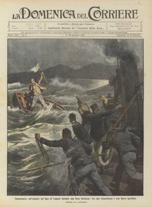 Dramatische Rettung auf dem Luganersee während eines heftigen Sturms, zwischen einem Torpedoboot und einem verlorenen Boot von Achille Beltrame