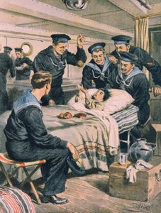 Erdbeben in Messina, Kind wird von der Marine aus den Trümmern gerettet und per Schiff transportiert, Illustration von Achille Beltrame, aus La Domenica del Corriere, 28. Dezember 1908