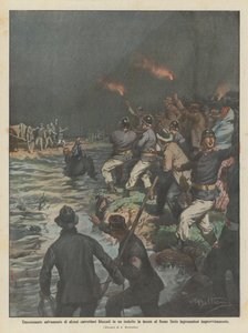 Emotionales Rettung von einigen Fuhrleuten, die auf einer Insel im Fluss Serio blockiert waren