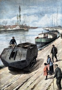 Ende des Ersten Weltkriegs: das friedliche Ende einer gewaltigen Kriegsmaschine. Panzer ziehen jetzt Lastkähne auf dem französischen Kanal. Ill. von Beltrame. La Domenica del Corriere. 03/1919