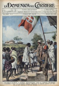 Faschismus 1937: Treffen in Gambela, dem Handelszentrum des äthiopischen Reiches, von einheimischen Häuptlingen und Persönlichkeiten, um einen Akt der Zugehörigkeit zur italienischen Regierung zu machen. Illustration von Achille Beltrame in „La domenica de von Achille Beltrame