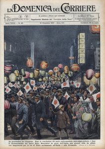 Große Parade der Einwohner Tokios, um Italien und Deutschland nach der Anerkennung des neuen Staates Mandschukuo zu huldigen. Illustration von Achille Beltrame in 
