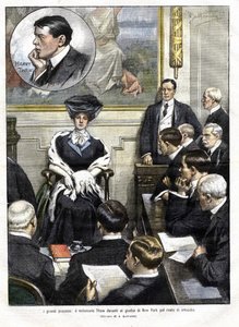 Harry Thaws Prozess in New York 1907. Harry Thaw, Sohn einer Familie von Großindustriellen, tötete 1906 den Architekten Stanford White, den ehemaligen Liebhaber seiner Frau Evelyn. Titelbild der „Domenica del Corriere“ vom 3. März 1907. Illustration von Ac