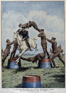 Pferdespringen: Englische Husaren bei den Londoner Turnierproben - Zeichnung von A. Beltrame, in „La Domenica del Corriere“ von Achille Beltrame